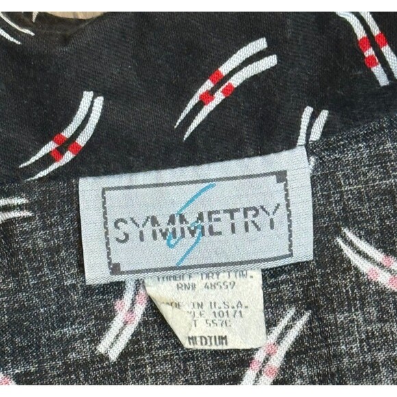 VTG 80s Black Button Blouse Medium Abstract Short Sleeve Shoulder Pads USA Made - Picture 6 of 6